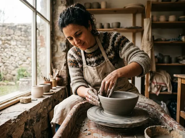 Ceramista dando forma a un bowl en el torno