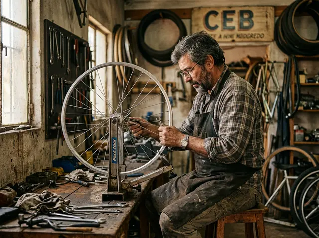 Mecánico arreglando la rueda de una bicicleta en su taller